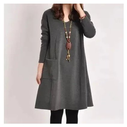 Volné šaty s dlouhým rukávem – plus size šaty pro podzim a zimu (Barva Kávová, Velikost 2XL)