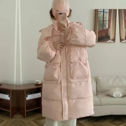 Dámská zimní péřová bunda – s knoflíky a kapucí (Barva Růžová, Velikost M)