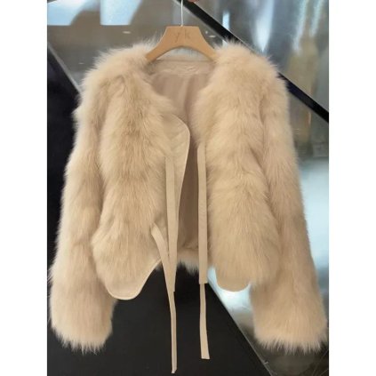 Dámská kožešinová bunda s vázáním (Barva (Varianta) Milky White short placket leather, Velikost XL)