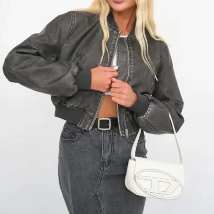 Kožená bunda s páskem – krátká, vintage styl, měkká useň (Barva Černá, Velikost XS)