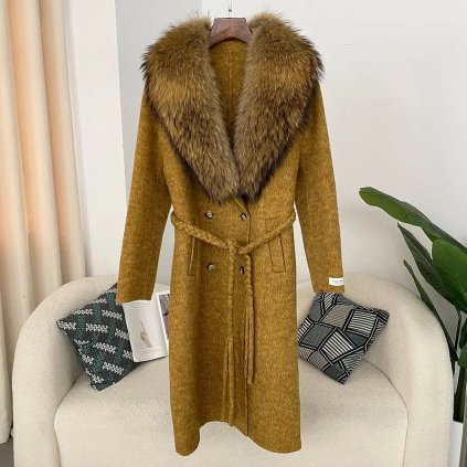 Zimní kabát s kožešinou – dlouhý střih, teplý, pletený pásek (Barva (varianta) Camel natural, Velikost S)