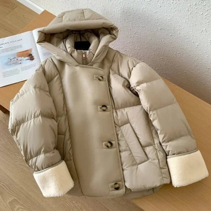 Dámská péřová bunda s kapucí – kombinace vlny a kůže (Barva Hnědá, Velikost M)