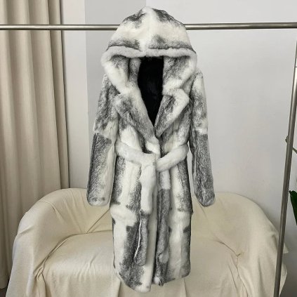 zimní kabát z pravé kožešiny – kapuce, luxusní styl