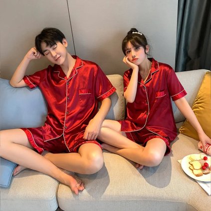 Saténové pyžamo unisex – noční souprava pro muže a ženy (Barva (varianta) Modrá, Velikost 2XL)