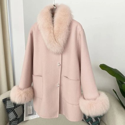 vlněný kabát s kožešinovým límcem – 100% vlna, elegantní styl (Barva Růžová, Velikost ONE SIZE)