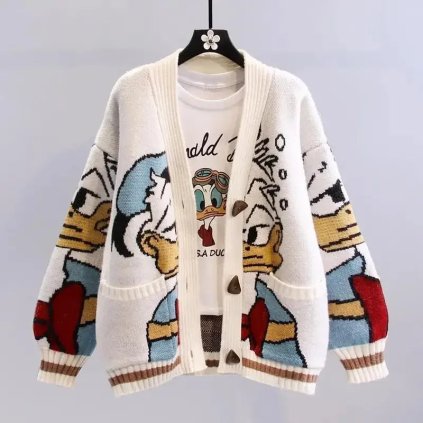 Unisex pletený kardigan s motivy Kačer Donald (Barva Aprikotová, Velikost 2XL)