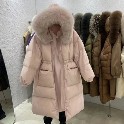 péřová bunda s límcem z lišky – teplá, nadýchaná