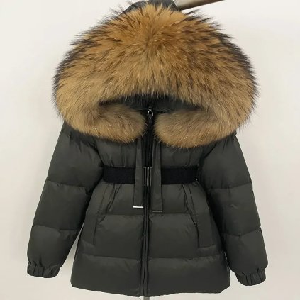 Krátká péřová bunda – s límcem z mývalovce, zateplená (Barva (varianta) Black natural, Velikost L)