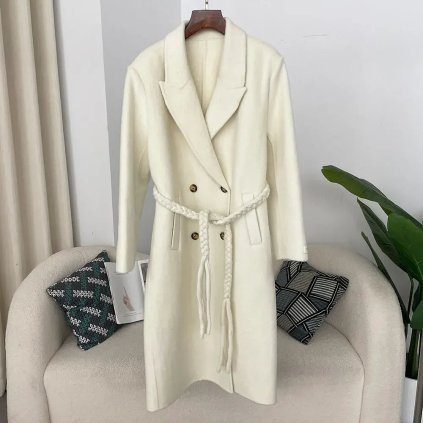 Dámský dlouhý kabát z vlny – elegantní střih s páskem