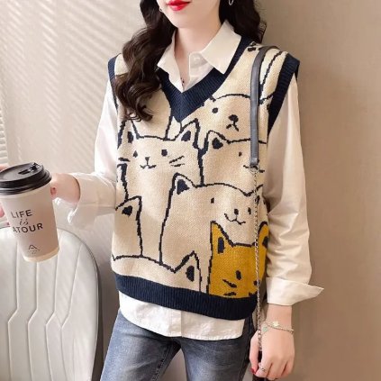 pletený top s výstřihem do V a potiskem koček (Barva Modrá, Velikost 2XL)