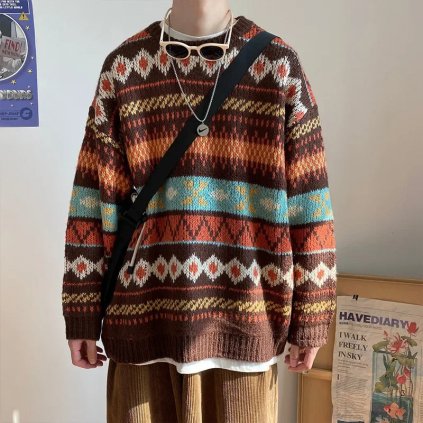 Zimní pletený svetr vzorovaný s volným střihem (Barva Kávová, Velikost L)