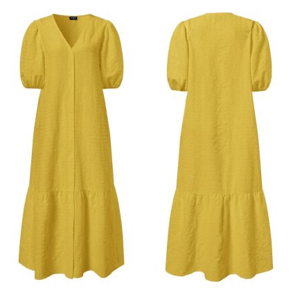 Dlouhé šaty s výstřihem do V a knoflíky ve stylu boho (Barva Žlutá, Velikost 4XL)