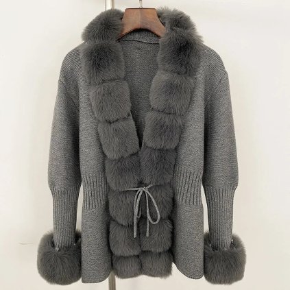 pletený svetr s umělou kožešinou – elegantní podzimní kabátek (Barva (varianta) Šedá, Velikost ONE SIZE)