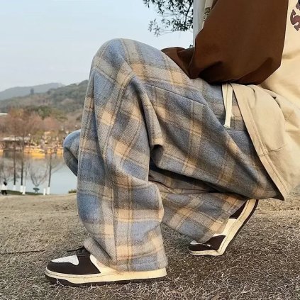volné kalhoty s kostkovaným vzorem, retro streetwear (Barva Černá, Velikost L)