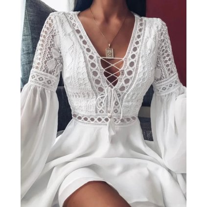 mini šaty s výšivkou a výstřihem do V – romantický vzhled (Barva Černá, Velikost 2XL)