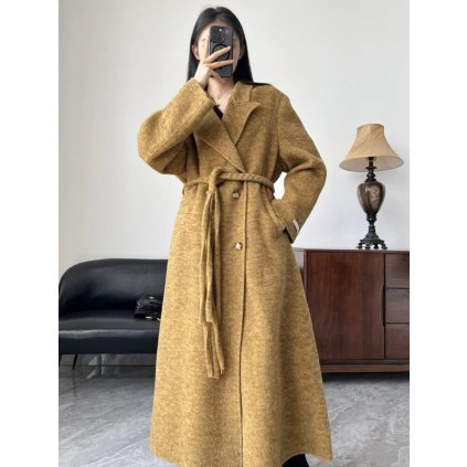 Vlněný kabát s páskem – dlouhý a elegantní styl na zimu (Barva Žlutá, Velikost M)