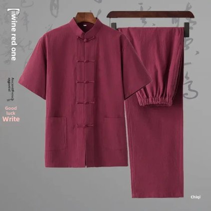 Tradiční pánský bavlněný čínský set s košilí a kalhotami (Barva (varianta) White two-piece short-sleeved shirt + trousers, Velikost 5XL)