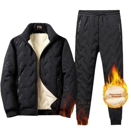 Pánská zimní bunda + kalhoty s fleecem a stojáčkem (Barva (varianta) Blackcoat + straight black pants (suit), Velikost 4XL)