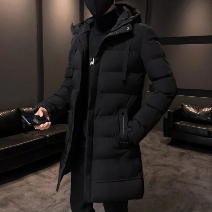 Pánský zimní kabát s kapucí a bavlněnou výplní (Barva Černá, Velikost 3XL)
