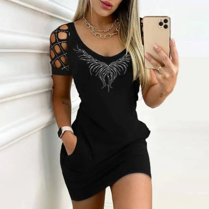 Elegantní minišaty s krajkovými rukávy (Barva Zlatá, Velikost L)