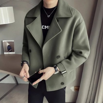 Pánský vlněný kabát – zkrácený, volný střih, britský styl (Barva Khaki, Velikost 2XL)