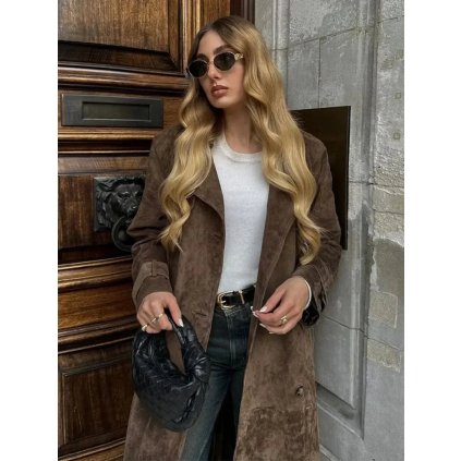 Dlouhý kabát s klopami – Elegantní s kožešinou (Barva Hnědá, Velikost XS)