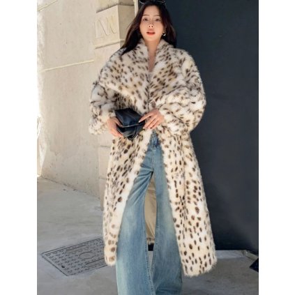 Dlouhý dámský kabát z umělé kožešiny se vzorem a límcem (Barva Leopardí, Velikost 2XL)