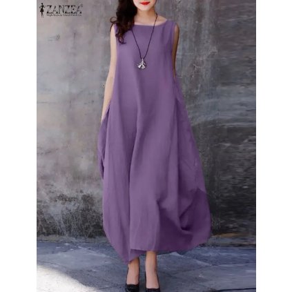 Volné maxi šaty s kapsami – pohodlný letní model (Barva Kávová, Velikost 2XL)