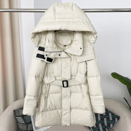 Dlouhá dámská péřová bunda s páskem – teplá parka s kapucí (Barva (varianta) White short, Velikost L)