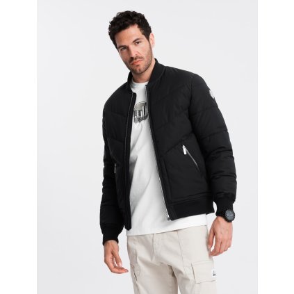 Pánská prošívaná bomber bunda se zipy - V1 OM-JALP-0143 (Velikost M, Barva Černá)