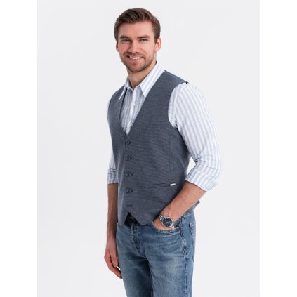 Přiléhavá elegantní pánská vesta ze strukturovaného úpletu - V1 OM-BLZV-0147 (Velikost S, Barva Tmavě modrá)