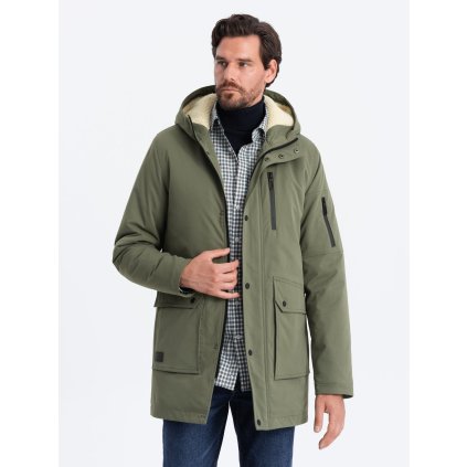 Pánská zateplená parka ze sherpa bavlny - V5 OM-JALJ-0131 (Velikost M, Barva Olivová)
