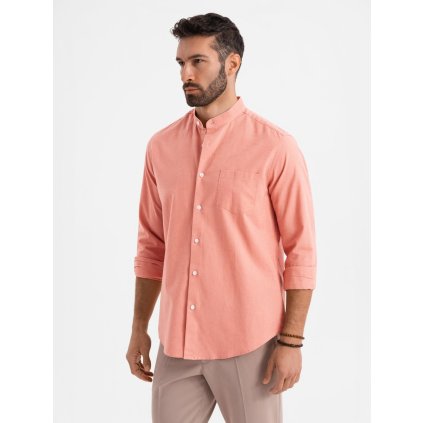 Pánská lněná košile se stojáčkem a kapsou REGULAR FIT - V1 OM-SHCS-0161 (Velikost S, Barva Broskvová)