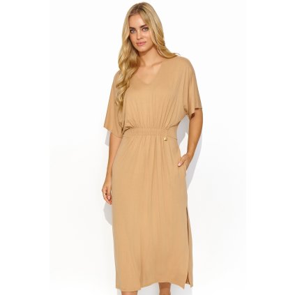 Volné midi šaty M822 (Barva Béžová, Velikost S)