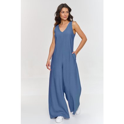 Elegantní overal s výstřihem do V M882 (Barva Modrá, Velikost S)
