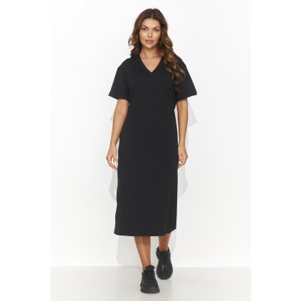 Ležérní pletené šaty pod kolena NU467 (Barva Černá, Velikost S)