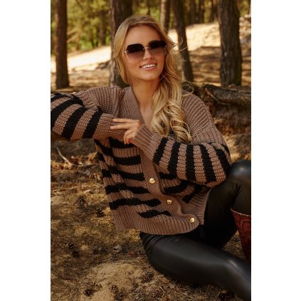 Vzorovaný dámský svetr typu cardigan S139 (Barva Černá, Velikost ONE SIZE)