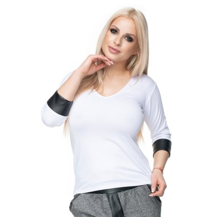 Pletená halenka s výstřihem a koženými manžetami 0102 (Barva Bílá, Velikost ONE SIZE)