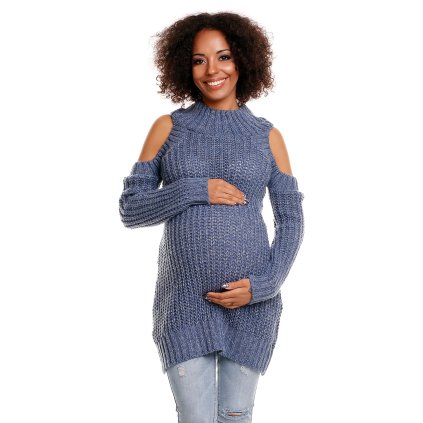 Dlouhý těhotenský rolák s odhalenými rameny 30040C (Barva Džínová, Velikost ONE SIZE)