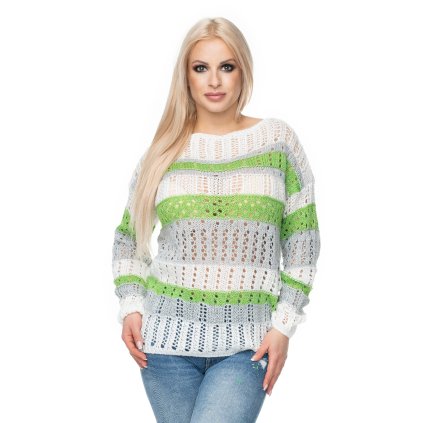 Pruhovaný háčkovaný svetr barevný pulovr NEON 30060 (Barva Krémová, Velikost ONE SIZE)
