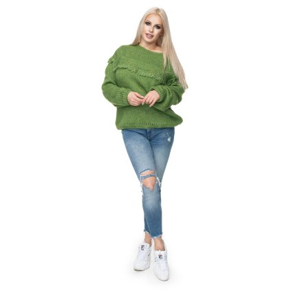 Zimní svetr chlupatý pulovr s třásněmi 30062 (Barva Zelená, Velikost ONE SIZE)