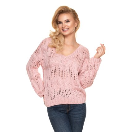 Volný prolamovaný svetr oversize s výstřihem 30076 (Barva Tmavě růžová, Velikost ONE SIZE)