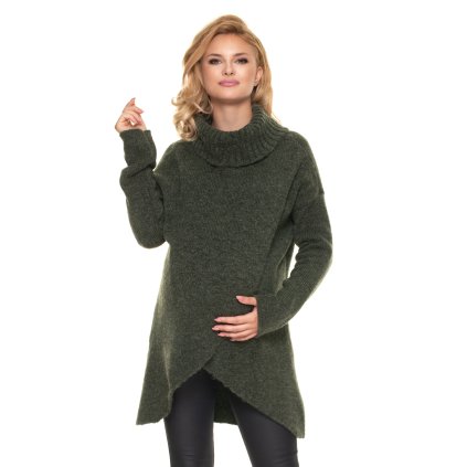 Chlupatý dámský rolák těhotenský a kojenecký svetr 30078 (Barva Khaki, Velikost ONE SIZE)