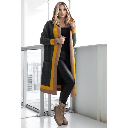 DLOUHÝ CARDIGAN S KAPUCÍ A KONTRASTNÍM LEMEM 30085 (Barva Khaki, Velikost ONE SIZE)