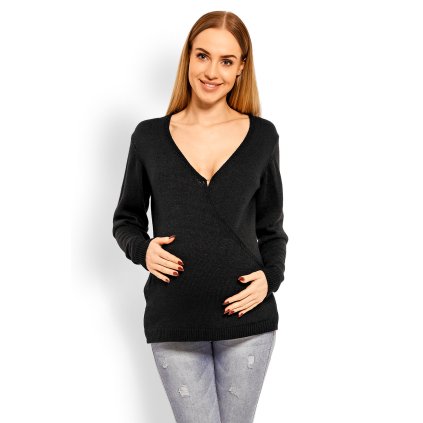 TĚHOTENSKÝ VLNĚNÝ SVETR S OBÁLKOVÝM VÝSTŘIHEM 40002C (Barva Černá, Velikost ONE SIZE)