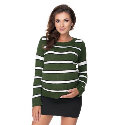 KLASICKÝ PRUHOVANÝ SVETR PRO TĚHOTNÉ 40044 (Barva Khaki, Velikost ONE SIZE)