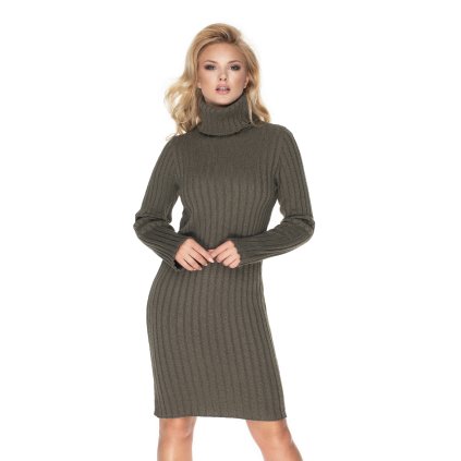 Tužkové pletené šaty zimní s rolákem 70026 (Barva Khaki, Velikost ONE SIZE)