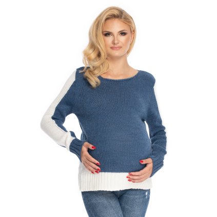 TĚHOTENSKÝ SVETR S KAPSAMI 70038 PeeKaBoo (Barva Džínová, Velikost ONE SIZE)