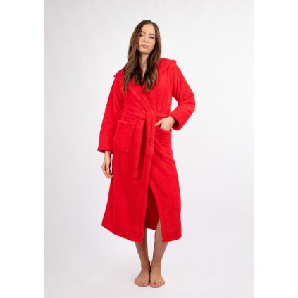 Dlouhý plyšový župan s kapucí a páskem DIANA LONG (Velikost 2XL, Barva Červená)