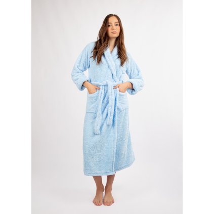 Plyšový dlouhý župan dámský s páskem ELIZA LONG (Velikost 2XL, Barva Světle modrá)